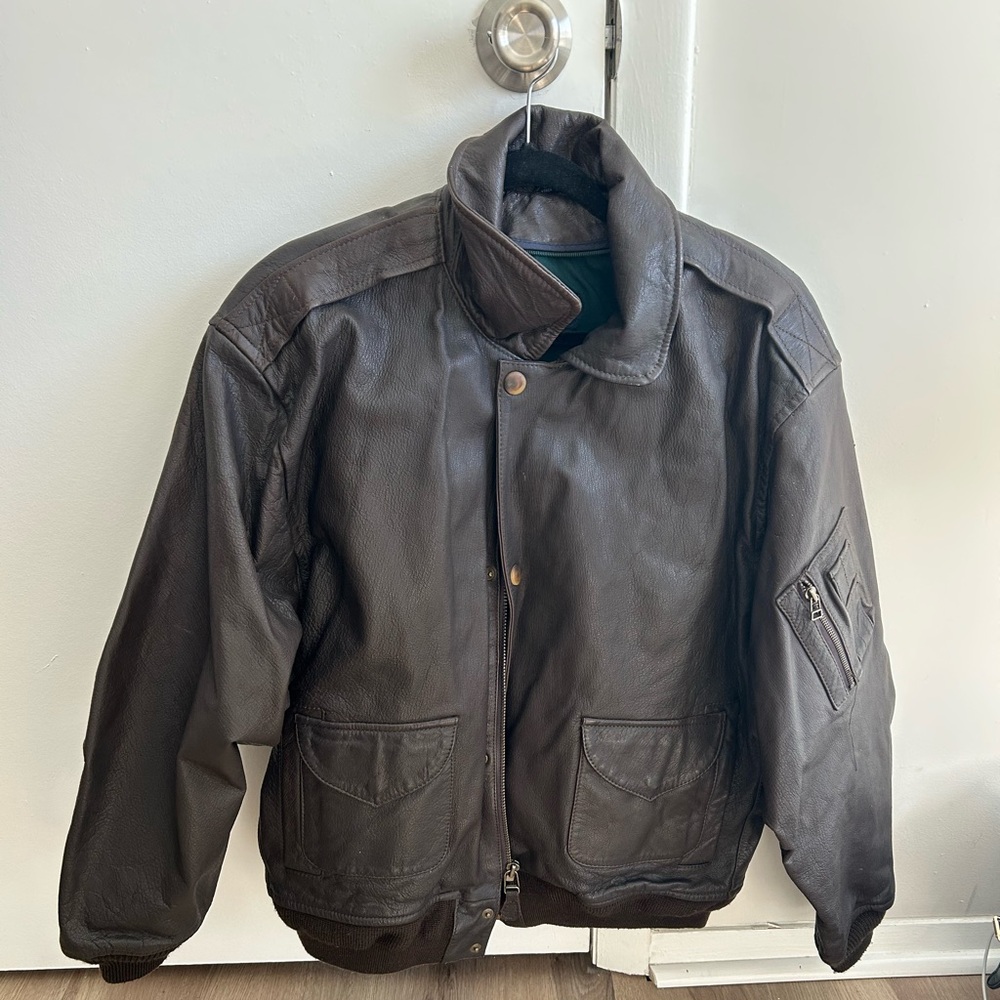 Vintage Nautica Brown Leather Bomber Jacket Large